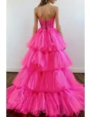 Stunning Strapless Hot Pink High Low Tiered Ruffle Prom Gown Featuring Beaded Lace Top