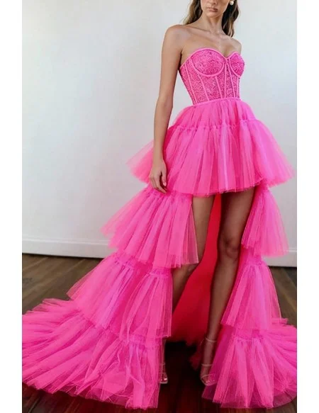 Stunning Strapless Hot Pink High Low Tiered Ruffle Prom Gown Featuring Beaded Lace Top