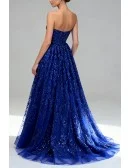 Stunning Royal Blue Sequin Lace Long Strapless Prom Dress