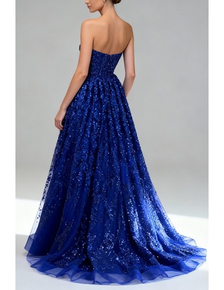 Stunning Royal Blue Sequin Lace Long Strapless Prom Dress
