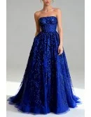 Stunning Royal Blue Sequin Lace Long Strapless Prom Dress