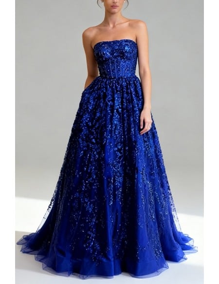 Stunning Royal Blue Sequin Lace Long Strapless Prom Dress