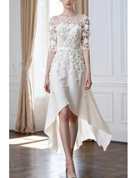 Modest A-Line Scoop Neck Ankle-Length Chiffon Wedding Dress With Appliques Lace