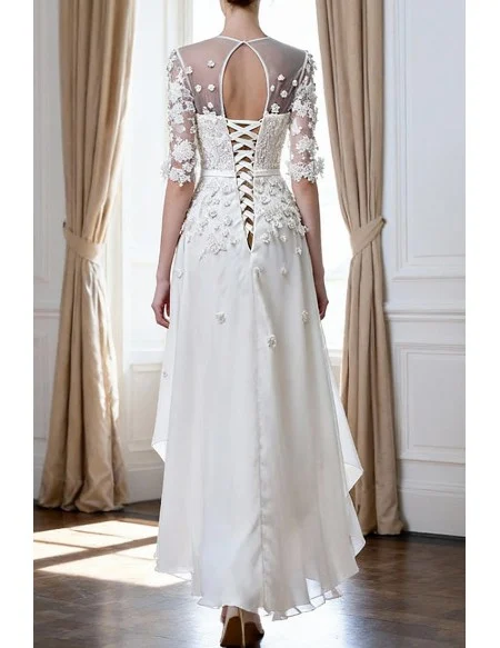 Modest A-Line Scoop Neck Ankle-Length Chiffon Wedding Dress With Appliques Lace
