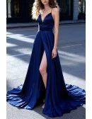 Deep Blue Spaghetti Straps Satin Slit Prom Dress With Plunge Neck And High Slit For Elegant Events