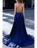 Deep Blue Spaghetti Straps Satin Slit Prom Dress With Plunge Neck And High Slit For Elegant Events