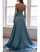 Stunning Teal Blue Satin High Slit V Neck Prom Dress With Off The Shoulder Sleeves And Beaded Bust