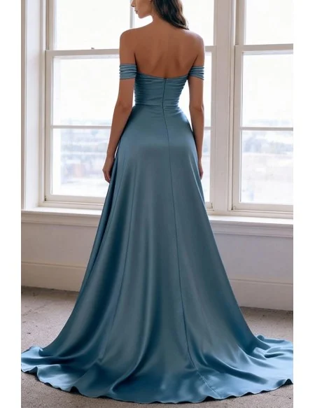 Stunning Teal Blue Satin High Slit V Neck Prom Dress With Off The Shoulder Sleeves And Beaded Bust
