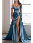 Stunning Teal Blue Satin High Slit V Neck Prom Dress With Off The Shoulder Sleeves And Beaded Bust