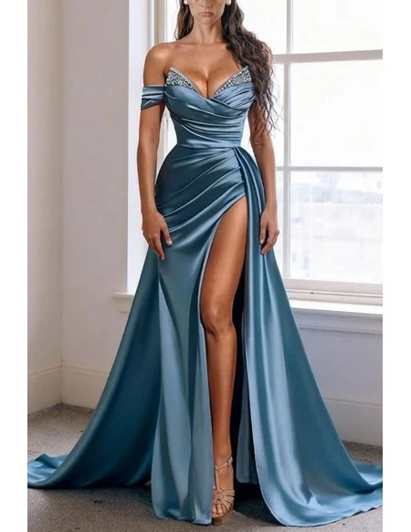 Stunning Teal Blue Satin High Slit V Neck Prom Dress With Off The Shoulder Sleeves And Beaded Bust