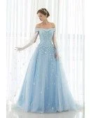 Blue Floral Off the Shoulder Long Tulle Wedding Dress