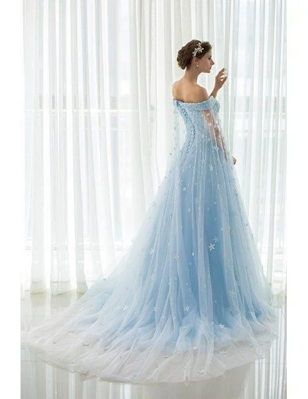 Blue Floral Off the Shoulder Long Tulle Wedding Dress
