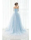Blue Floral Off the Shoulder Long Tulle Wedding Dress