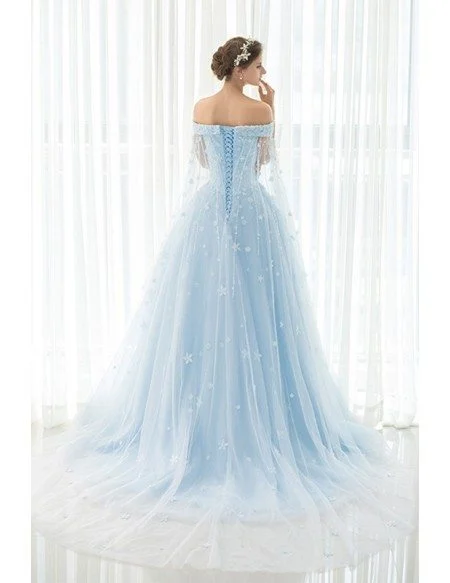 Blue Floral Off the Shoulder Long Tulle Wedding Dress