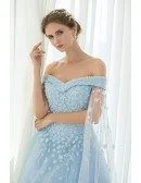 Blue Floral Off the Shoulder Long Tulle Wedding Dress