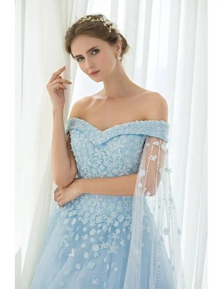 Blue Floral Off the Shoulder Long Tulle Wedding Dress
