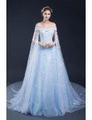 Blue Floral Off the Shoulder Long Tulle Wedding Dress