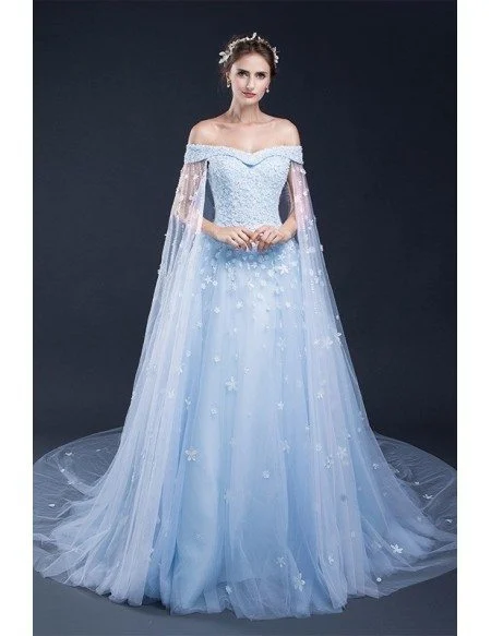 Blue Floral Off the Shoulder Long Tulle Wedding Dress