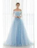 Blue Floral Off the Shoulder Long Tulle Wedding Dress