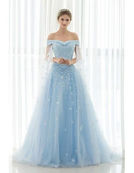 Blue Floral Off the Shoulder Long Tulle Wedding Dress