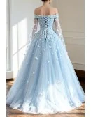 Blue Floral Off the Shoulder Long Tulle Wedding Dress
