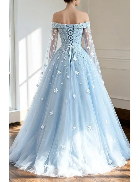 Blue Floral Off the Shoulder Long Tulle Wedding Dress