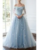 Blue Floral Off the Shoulder Long Tulle Wedding Dress