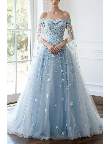 Blue Floral Off the Shoulder Long Tulle Wedding Dress