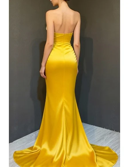 Gorgeous Radiant Yellow Strapless Pleated Long Prom Dress with Side Slit