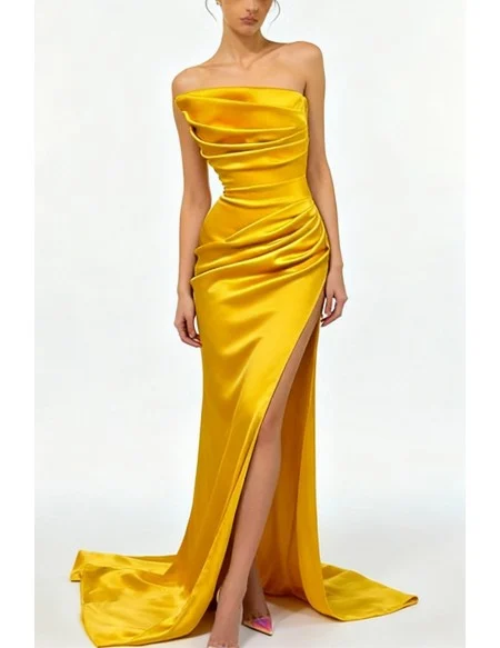 Gorgeous Radiant Yellow Strapless Pleated Long Prom Dress with Side Slit