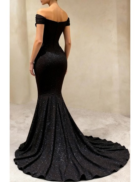 Shiny Black Satin Sweetheart Evening Dress With Off The Shoulder Straps And Mermaid Train