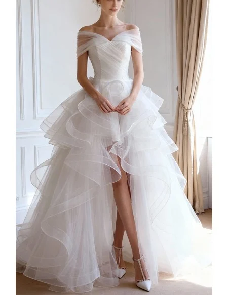 Simple High Low Off-the-shoulder Tulle Wedding Dress