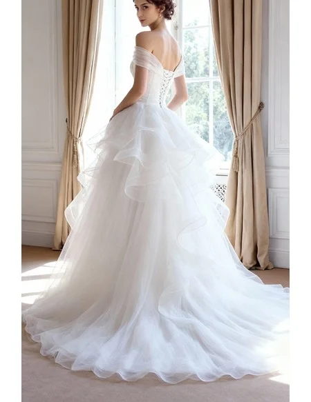 Simple High Low Off-the-shoulder Tulle Wedding Dress