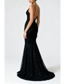 Sparkly Sequin Midnight Black Mermaid Evening Gown Featuring Plunge Neck And High Slit
