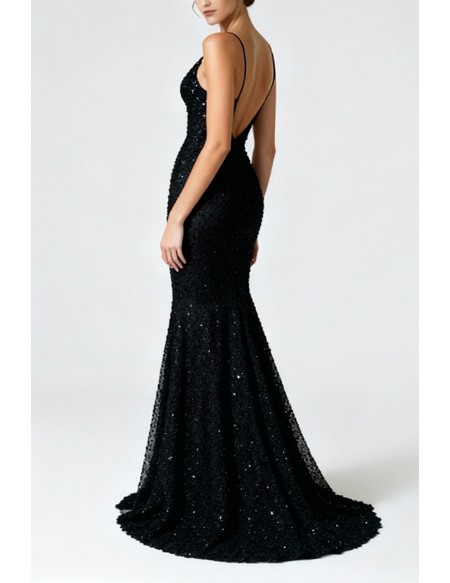 Sparkly Sequin Midnight Black Mermaid Evening Gown Featuring Plunge Neck And High Slit