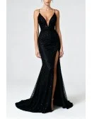 Sparkly Sequin Midnight Black Mermaid Evening Gown Featuring Plunge Neck And High Slit
