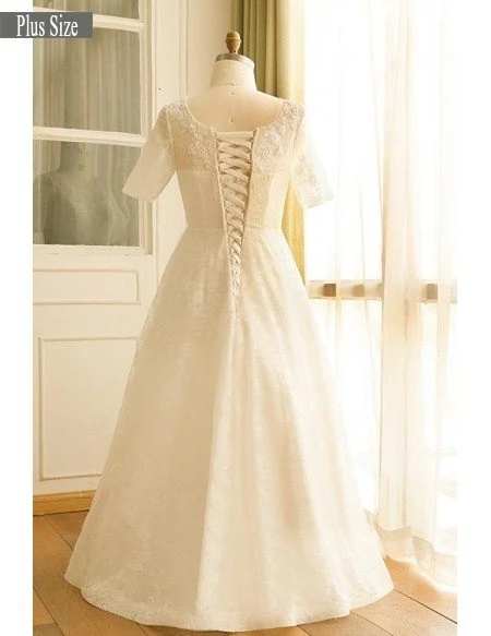 Modest Lace Short Sleeve Plus Size Wedding Dress With Beading For Cheap Online