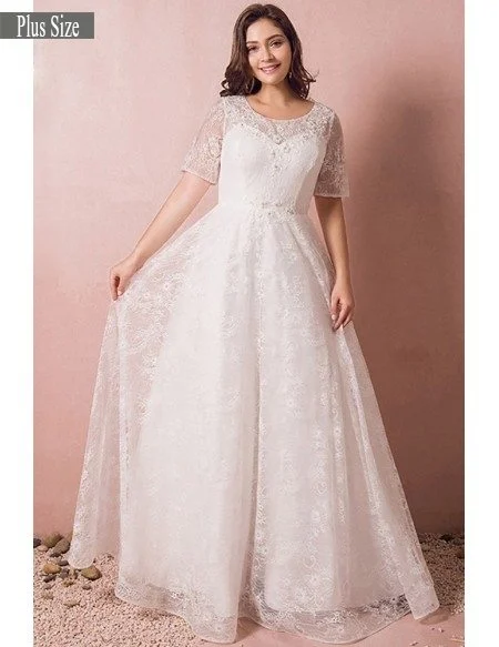Modest Lace Short Sleeve Plus Size Wedding Dress With Beading For Cheap Online