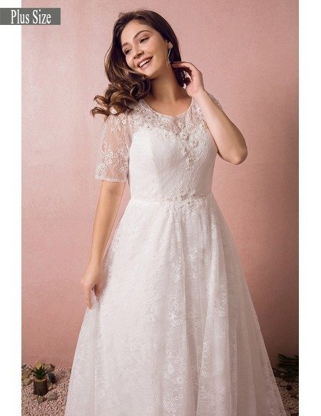 Modest Lace Short Sleeve Plus Size Wedding Dress With Beading For Cheap Online