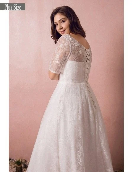 Modest Lace Short Sleeve Plus Size Wedding Dress With Beading For Cheap Online