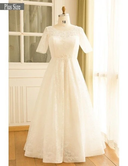 Modest Lace Short Sleeve Plus Size Wedding Dress With Beading For Cheap Online