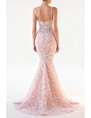 Gorgeous Light Pink Lace Beading Fitted Mermaid Prom Dress with Crystal Straps