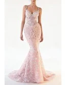 Gorgeous Light Pink Lace Beading Fitted Mermaid Prom Dress with Crystal Straps