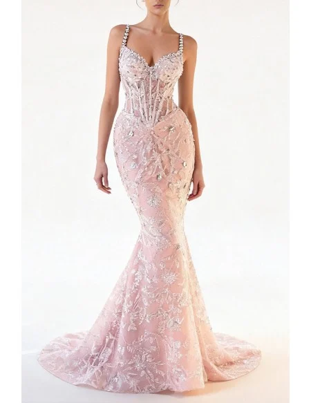 Gorgeous Light Pink Lace Beading Fitted Mermaid Prom Dress with Crystal Straps