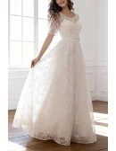 Modest Lace Short Sleeve Plus Size Wedding Dress With Beading For Cheap Online