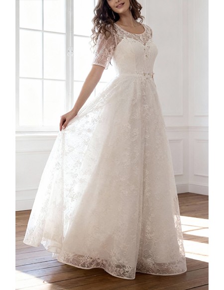 Modest Lace Short Sleeve Plus Size Wedding Dress With Beading For Cheap Online