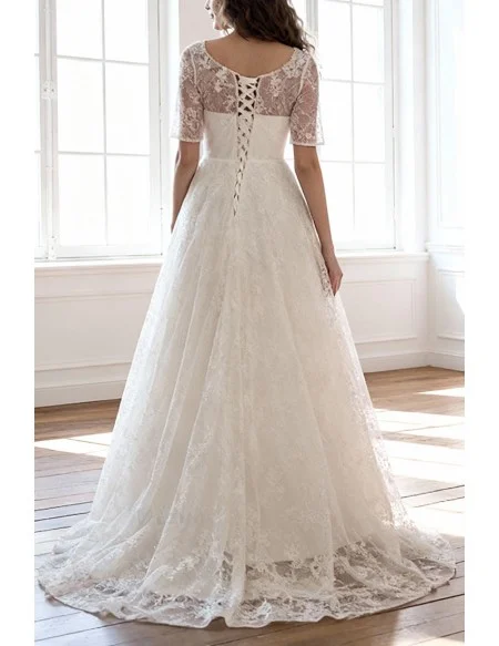Modest Lace Short Sleeve Plus Size Wedding Dress With Beading For Cheap Online