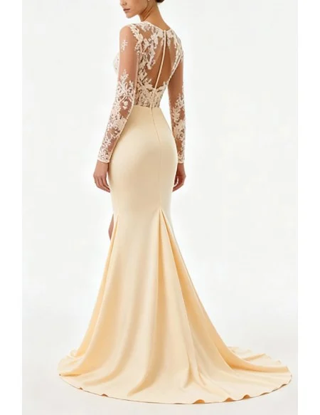 Beautiful Light Yellow Satin Mermaid Slit Evening Dress with Lace Top and Long Sleeves
