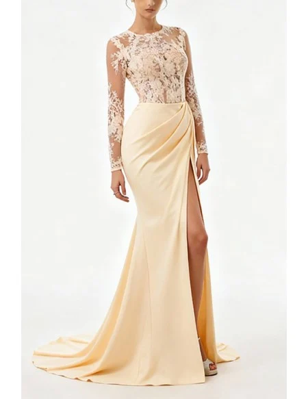 Beautiful Light Yellow Satin Mermaid Slit Evening Dress with Lace Top and Long Sleeves