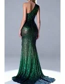 Sparkling Sequin One Shoulder Emerald Green Long Prom Dress with Asymmetric Design and Mermaid Silhouette